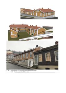 Bildet viser en kombinasjon av 3D-modeller (renderinger) av et hus og et fotografi av samme bygning. Det nederste bildet er et fotografi av en eksisterende bygning med tekstbeskrivelse.