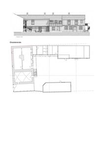 Bildet viser en tegning med en fasadeoppriksning øverst og en etasjeplan (etasjeplan) for den eksisterende bygningen nederst.
