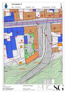 Situasjonskart som viser bygningenes plassering i forhold til hverandre og omgivelsene, inkludert vegger, høydeforhold og eiendomsnummer.