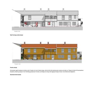 Bildet viser to fasadetegninger av en bygning sett fra vest. Den øverste er en hvit tegning som viser et nytt forslag, mens den nederste er en fargerik illustrasjon av den eksisterende fasaden.
