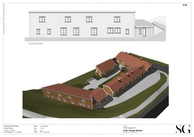 3D-visualisering av en bygning med en fasadetegning øverst.