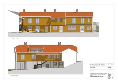 Fasadetegning som viser bygningens utseende fra vest og sør.