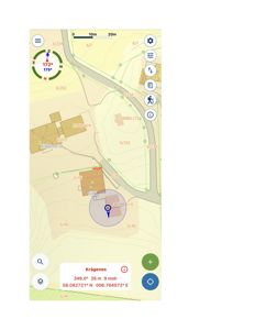 Kartutsnitt fra en mobilapp (sannsynligvis Google Maps eller lignende) som viser topografi, veg, eiendomsgrenser og koordinater for et sted ved navn 'Krågenes'.