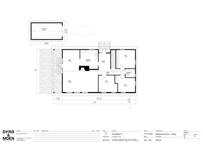 Etasjeplan (eksisterende plan 1. etasje) som viser romfordeling, størrelser og plassering av rom som stue, soverom, kjøkken og bad.