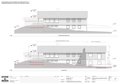 Fasadetegning som viser eksisterende og nytt tilbygg sett fra sør, med høydemål og detaljer om terrengforhold.