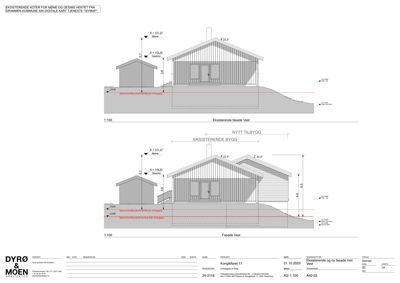 Bildet viser fasadetegninger for en bygning, både eksisterende og nytt tilbygg, sett fra vest.
