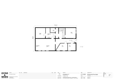 Etasjeplan (eller kjellerplan) som viser romfordeling, dimensjoner og plassering av vegg/oppganger.