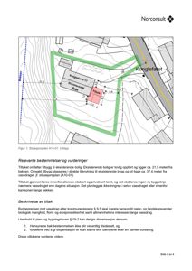 Situasjonsplan som viser tomtens form, beliggenhet i forhold til bekken (Konglefaret), eksisterende bygninger og planlagte tiltak med angitte avstander.