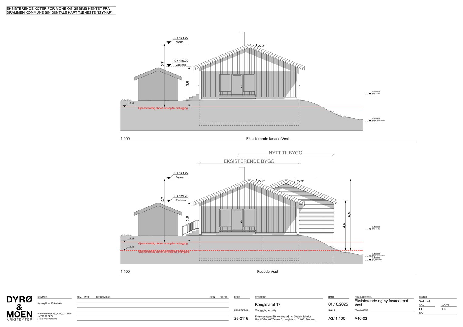 Fasadetegning som viser eksisterende og nytt tilbygg sett fra vest.