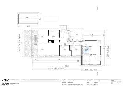 Etasjeplan (Plan 1) som viser romfordeling, dimensjoner og plassering av eksisterende og nytt tilbygg.