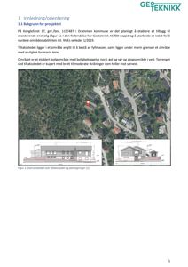 Bildet viser en flyfoto/luftfoto av et område (Konglefarefaret) med en markert bygning, samt to mindre tegninger av husfasader nederst. Dette er en situasjonsplan eller kartvisning.