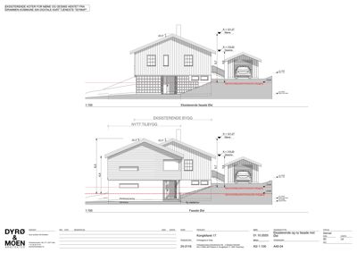 Fasadetegning som viser eksisterende og nytt tilbygg til en bygning, inkludert mål og høyder.