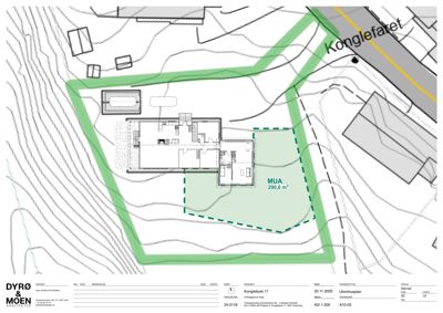 Situasjonsplan som viser tomtens form, bygningens plassering i forhold til terrenget (konturlinjer), og arealoppdelinger (MUA).