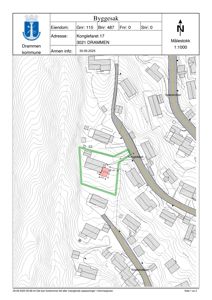 Situasjonsplan som viser eiendomsgrunnlinjer, topografi og bygningers plassering i forhold til hverandre og omgivelsene.