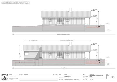 Fasade tegning som viser bygningens utseende sett fra nord, inkludert høydemål og konstruksjonsdetaljer.