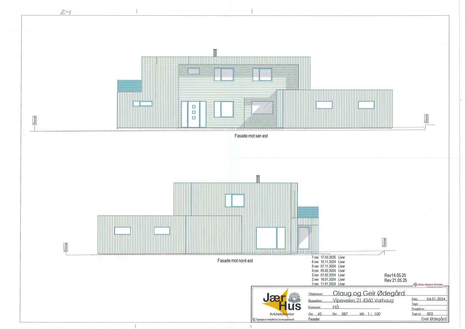 Tegning som viser fasadeopprikk for en bygning sett fra to ulike sider (sør-øst og nord-øst).