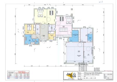 Etasjeplan (1. etasje) som viser romfordeling, mål og arealoppdeling for en bolig.