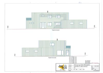 Fasadetegning som viser bygningens utseende fra sør-øst og nord-øst.