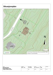 Situasjonsplan som viser tomtens beliggenhet i terrenget (konturlinjer), nabotomter, veier og bygningsplasseringer.