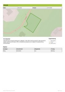 Situasjonsplan som viser eiendomsområde (grønt) med skogdekning, vei og naboeiendommer.
