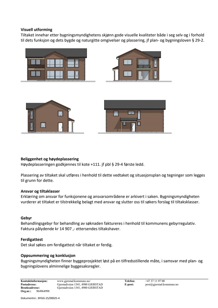 Bildet viser fire 3D-visualiseringer (renderinger) av en planlagt bygning sett fra ulike vinkler, inkludert fasade og hjørnevisning.