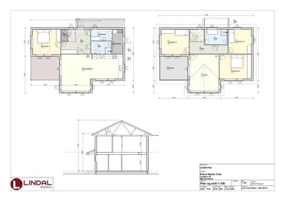 Bildet viser etasjeplaner (1. og 2. etasje) og et snitt av en modulhuskonstruksjon fra Lindal.