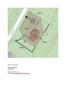 Situasjonsplan som viser tomtens form, grenser, høydeforskjeller (konturlinjer), skråninger, eksisterende bygninger og tilstøtende vei (Lindvollveia).
