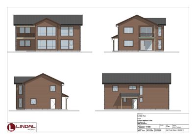 Fasadetegning som viser fire ulike sider av en planlagt bolig (Lindal Hus).