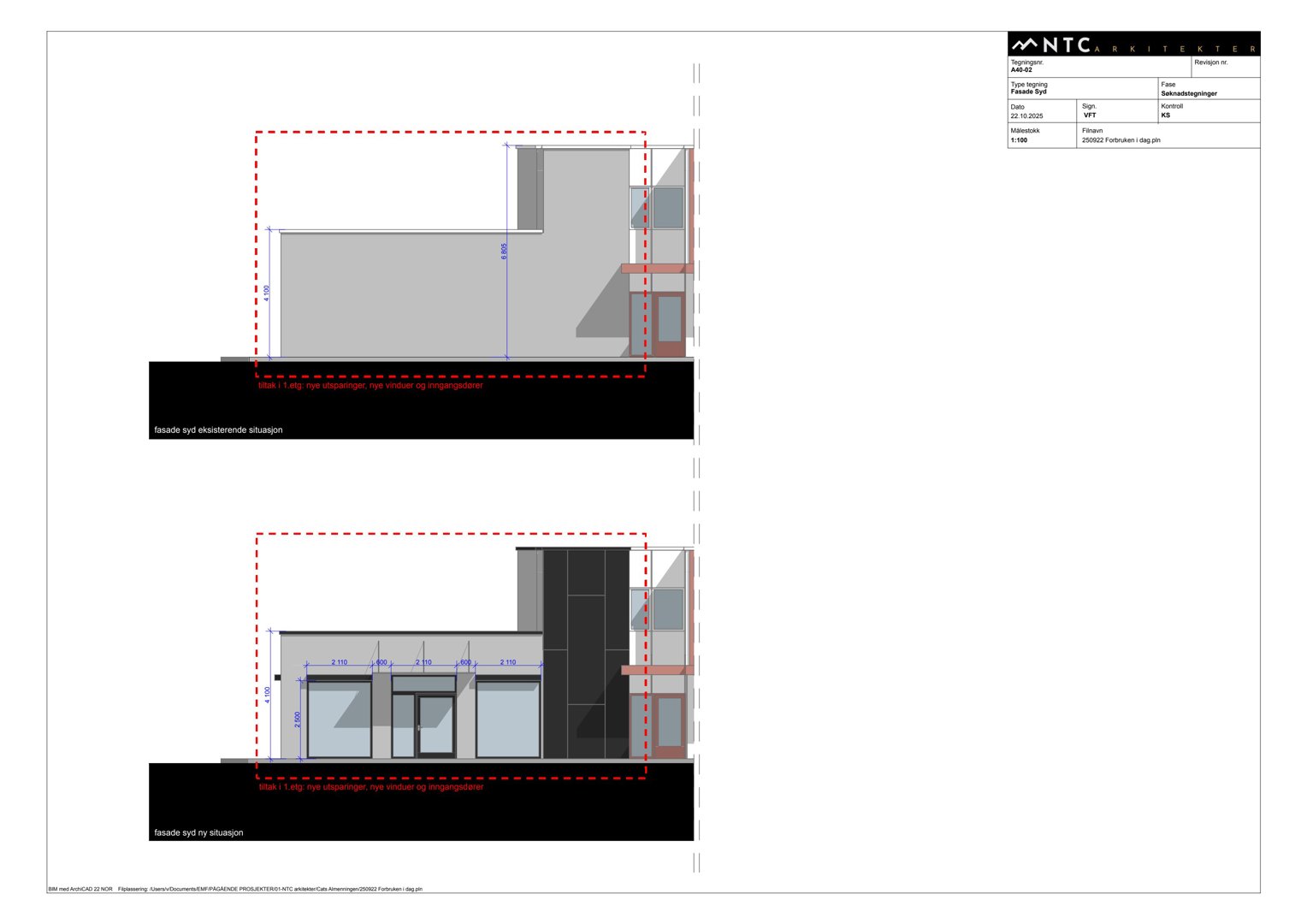 Fasadetegning som viser oppriss av bygningens ytre fasade sett fra syd, med angitte mål og detaljer for vinduer og inngangsdører.