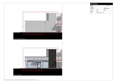 Fasadetegning som viser oppriss av bygningens ytre fasade sett fra syd, med angitte mål og detaljer for vinduer og inngangsdører.