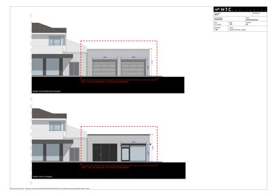 Fasadetegning som viser to alternativer for en ny tilbygging (garasje og inngangsparti) sett fra fronten.