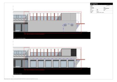 Fasadetegning som viser oppriss av bygningens front med detaljer om vinduer, dører og fasadepaneler.