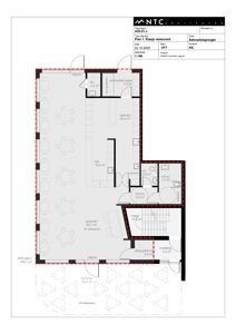 Etasjeplan for første etasje av et restaurantprosjekt, som viser romfordeling, arealer og funksjoner.