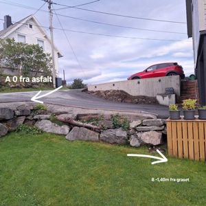 Fotografi av en eksisterende eller nybygd veggholdning med steinmur, asfaltert vei og en betongmur i bakgrunnen. Bildet inneholder håndtegnede pil og tekst som angir høydemål (A og B).