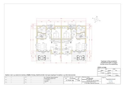 Etasjeplan (1. etg) som viser romfordeling, dimensjoner og areal for en leilighet.