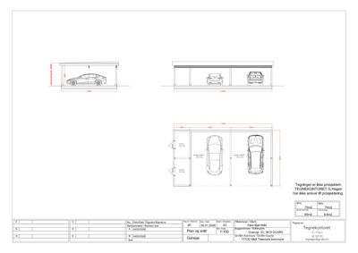 Tegning som viser etasjeplan (plan) og snitt (snitt) av en garasje med dimensjoner og plassering av kjøretøy.