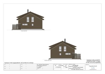 Fasadetegning som viser bygningens utseende fra nordøst og nordvest.
