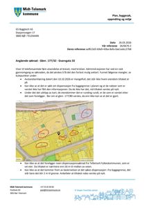 Et kart over eiendommer i Gvarvgata 33 med markerte grenser og eiendommer som er involvert i en byggesak.