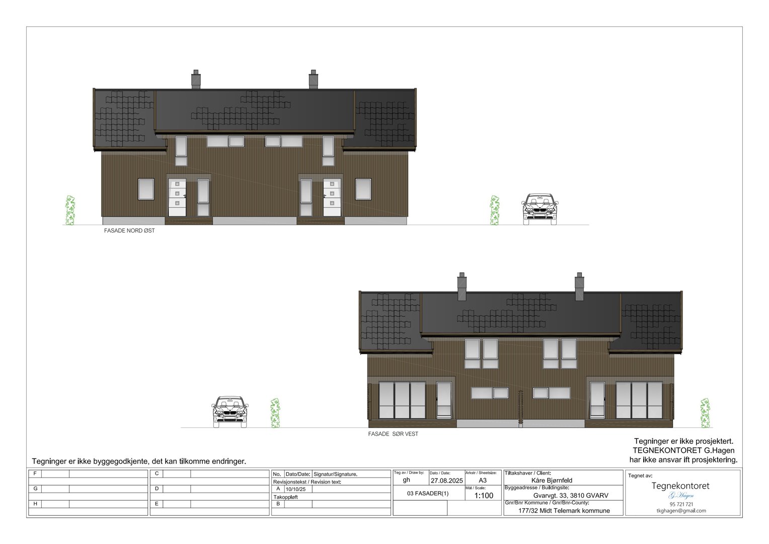 Fasadetegning som viser bygningens utseende fra to vinkler: 'FASADE NORD ØST' og 'FASADE SØR VEST'.