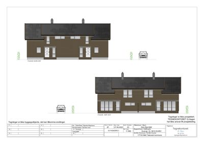 Fasadetegning som viser bygningens utseende fra to vinkler: 'FASADE NORD ØST' og 'FASADE SØR VEST'.