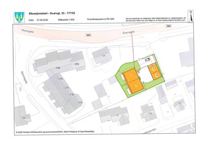 Situasjonskart som viser tomtens plassering i forhold til nabolag, gater (Gvarvgata, Gannlegata) og bygningers plassering.