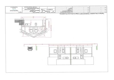 Snittegning (snitt 1-100) som viser tverrsnittet av en bygning med mål på vinduer, dører og takkonstruksjon.