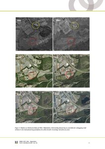 Bildet viser en serie flyfotografier av et område (Mjøndalen) fra ulike år (1959, 1965, 2008, 2011, 2021, 2024) som illustrerer endringer i landskapet og utbyggingen over tid.