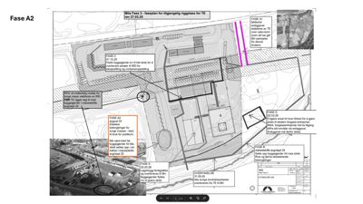 Situasjonsplan som viser en byggeplass med flere fas (A1-D) og bygninger i planleggingsfasen.