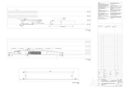 Bildet viser tre snittegninger (Snitt Gasum A, Snitt Gasum B, Snitt Brannskillevegg) med mål og konstruksjonsdetaljer.