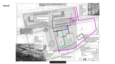 Situasjonsplan som viser en byggeplass med flere fas (A-E) og deres planlagte plasseringer, samt en oversikt over området.