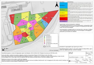 Situasjonsplan som viser en massehåndteringsplan med fargelagte soner (tilstandsclasser) og prøvetakningspunkter på et område.