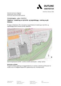 Situasjonsplan som viser bygningenes plassering på tomten, veier, og terrengforhold.