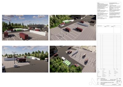3D-visualisering av et bygg og parkeringsområde med containere og kjøretøy