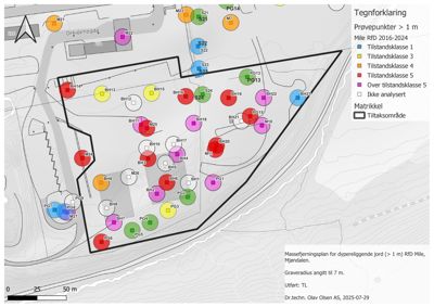 Situasjonsplan som viser prøvetakingspunkter (BH, PG, M) og deres tilstandsklassifisering på en tomt med konturlinjer.